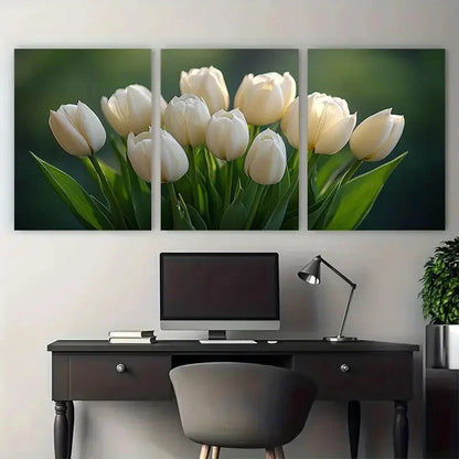 3pcs Classic White Tulip Bouquet Minimalist Floral Metal Print Ready to Hang Art