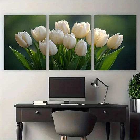 3pcs Classic White Tulip Bouquet Minimalist Floral Metal Print Ready to Hang Art