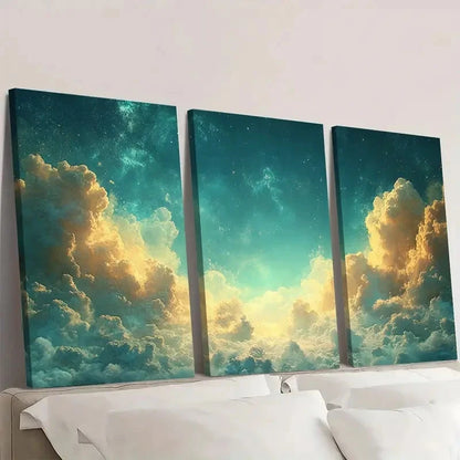3pcs Teal & Golden Clouds Design T Wall Art Set Canvas Framed 40x60cm - High Quality Print 100% Australian Made Wall Canvas Ready to Hang