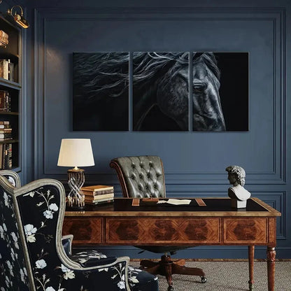 3pcs Black Horse Art Detailed Mane Expressive Eyes Metal Print Ready to Hang Art