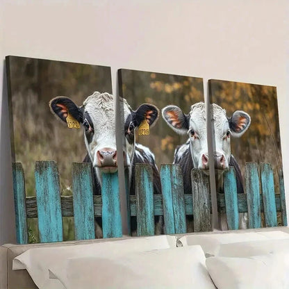 3pcs Rustic Cows Peeking Through Fence Wall Art Set Canvas Framed 60x90cm - High Quality Print 100% Australian Made Wall Canvas Ready to Hang