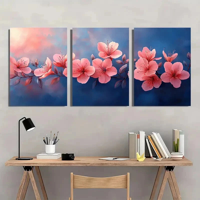 3pcs Delicate Pink Flowers and Green Leaves Metal Print Ready to Hang Art