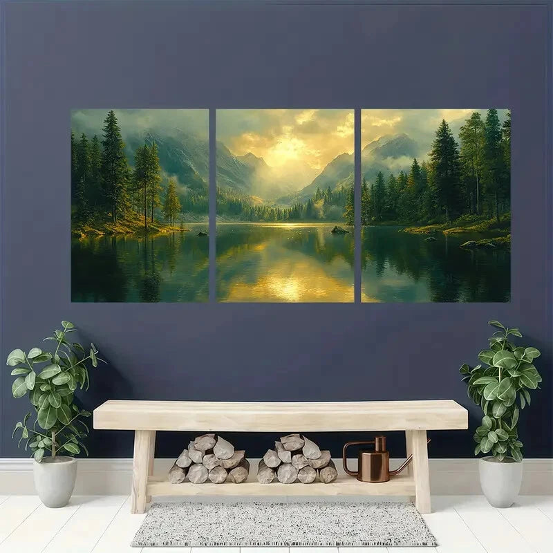 3pcs Abstract Green Forest Lake Nature Art Metal Print Ready to Hang Art
