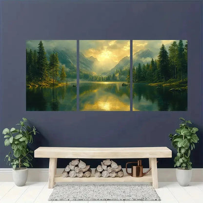 3pcs Abstract Green Forest Lake Nature Art Metal Print Ready to Hang Art