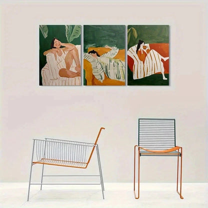 3pcs Serene Figures & Tropical Leaf Metal Print Ready to Hang Art