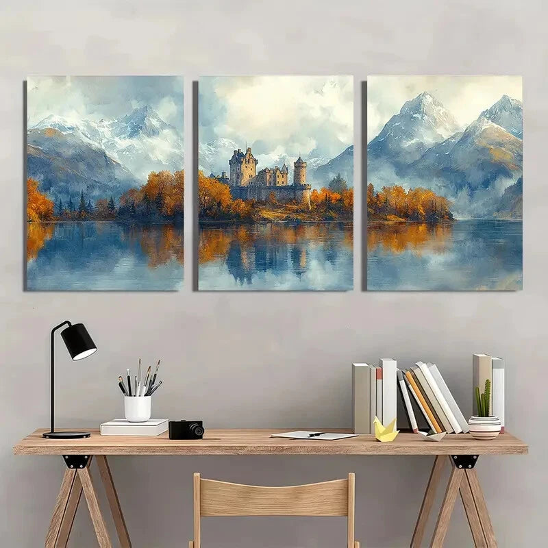 3pcs Watercolor Castle Scottish Landscape Metal Print Ready to Hang Art