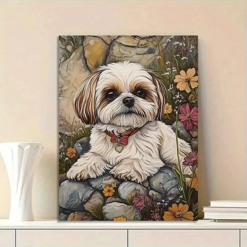 Cute White And Brown Shih Tzu Dog Sitting on Rocks  40x60cm Metal Print Ready to Hang