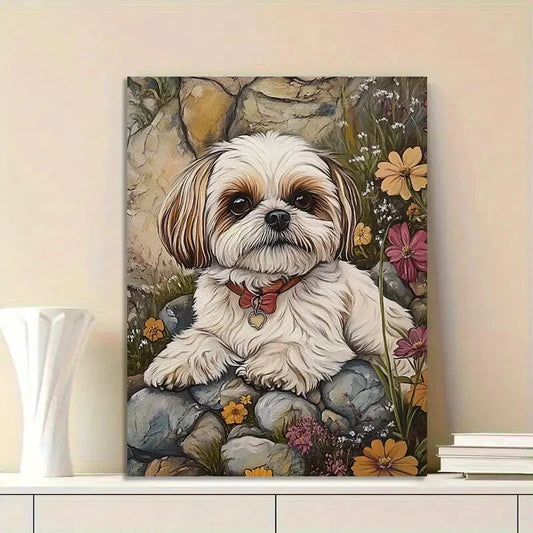 Cute White And Brown Shih Tzu Dog Sitting on Rocks  40x60cm Metal Print Ready to Hang