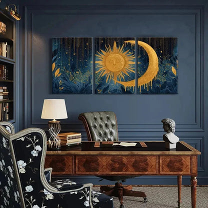 3pcs Sun Moon Celestial Art Golden Radiance Metal Print Ready to Hang Art