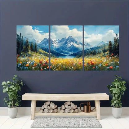 3pcs Mountain Landscape Meadow Painting Metal Print Ready to Hang Art