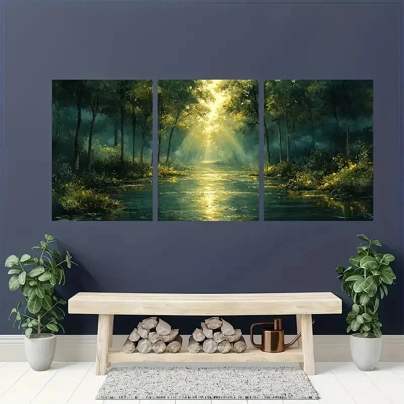 3pcs Tranquil Green Forest and Stream Acrylic Metal Print Ready to Hang Art