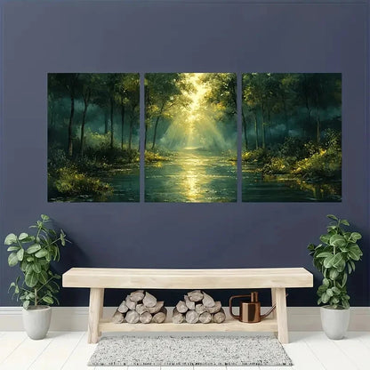 3pcs Tranquil Green Forest and Stream Acrylic Metal Print Ready to Hang Art
