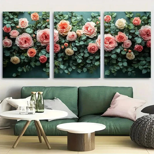 3pcs Pink Rose & Green Foliage Botanical Elegance Metal Print Ready to Hang Art