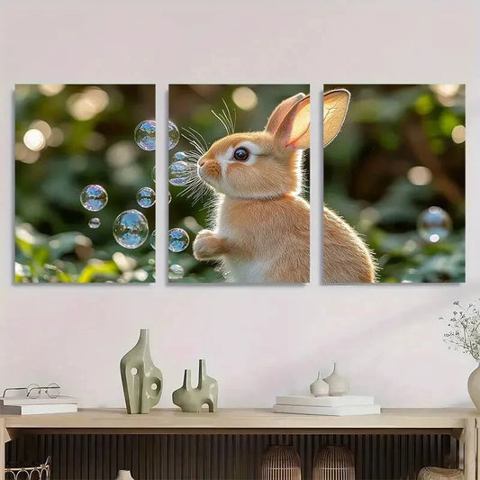 3pcs Whimsical Bubble Blowing Rabbit Metal Print Ready to Hang Art