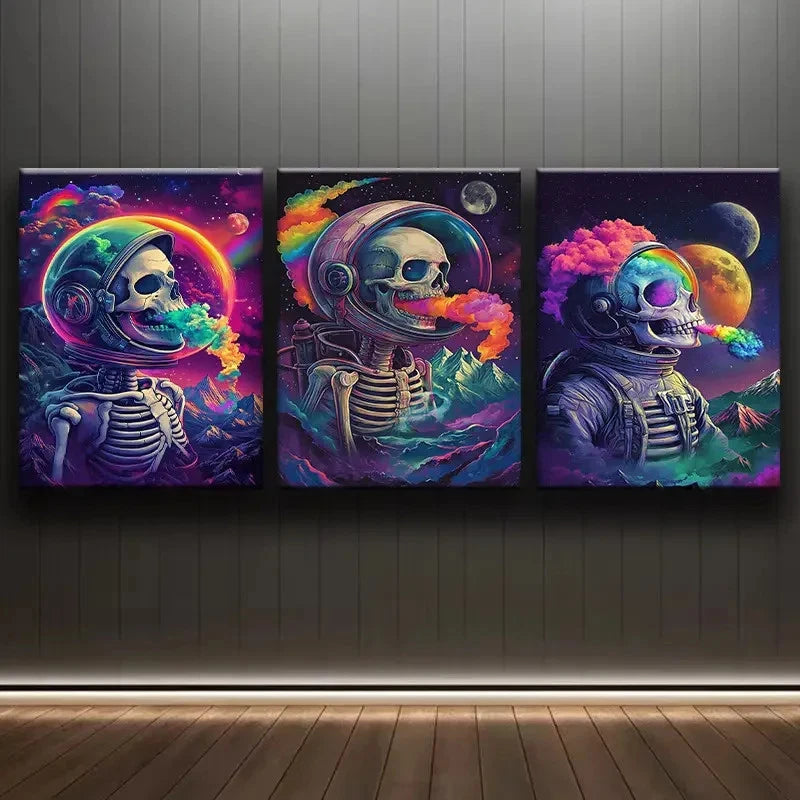 3pcs Astronaut Skull Space Art Wall Art Set Canvas Framed 50x70cm - High Quality Print 100% Australian Made Wall Canvas Ready to Hang
