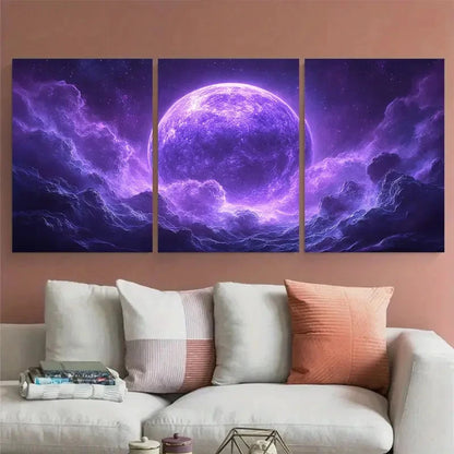 3pcs Purple Planet Cosmic Illustration Wall Art Set Canvas Framed 50x70cm - High Quality Print 100% Australian Made Wall Canvas Ready to Hang
