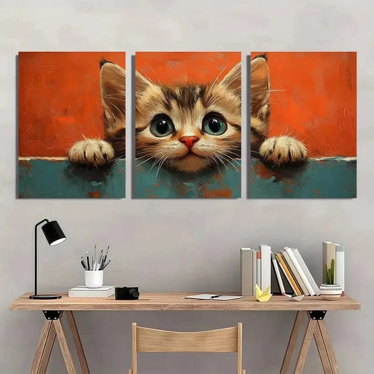 3pcs Adorable Cute Cat Vintage Aesthetic Wall Art Set Canvas Framed 50x70cm - High Quality Print 100% Australian Made Wall Canvas Ready to Hang