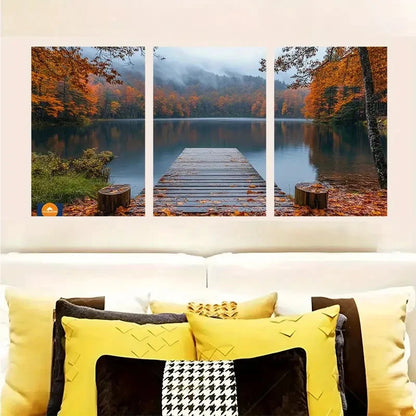 3pcs Autumn Leaves On A Misty Lake Wall Art Set Canvas Framed 40x60cm - High Quality Print 100% Australian Made Wall Canvas Ready to Hang