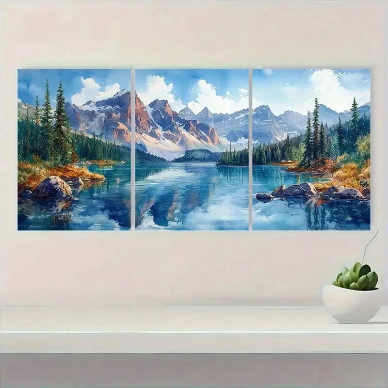 3pcs Moraine Lake Scenery with Pine Trees Metal Print Ready to Hang Art