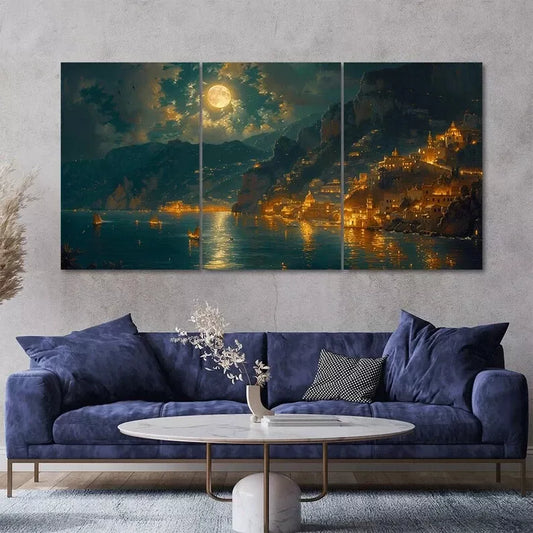 3pcs Cliffside Village at Night Full Moon Scenery Canvas Framed 40x60cm - High Quality Print 100% Australian Made Wall Canvas Ready to Hang