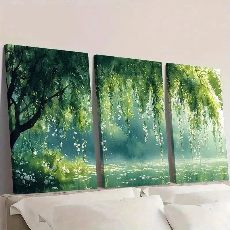 3pcs Serene Willow Tree & White Flower Landscape Wall Art Set Canvas Framed 40x60cm - High Quality Print 100% Australian Made Wall Canvas Ready to Hang