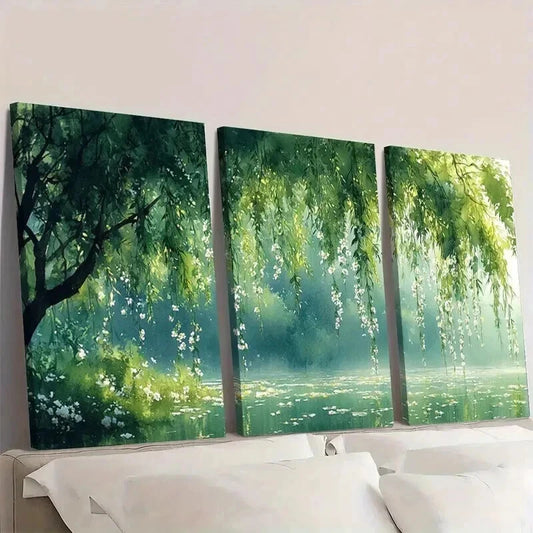 3pcs Serene Willow Tree & White Flower Landscape Wall Art Set Canvas Framed 40x60cm - High Quality Print 100% Australian Made Wall Canvas Ready to Hang