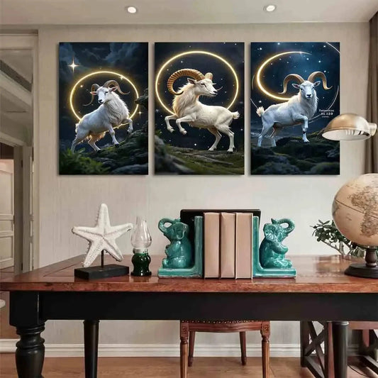 3pcs Celestial Night Sky Stars & Golden Circles Metal Print Ready to Hang Art