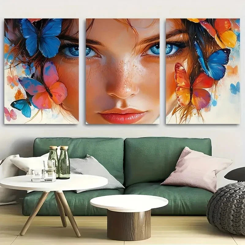 3pcs Butterflies on Woman Face Metal Print Ready to Hang Art