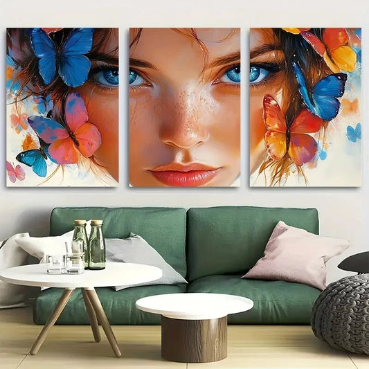 3pcs Butterflies on Woman Face Metal Print Ready to Hang Art