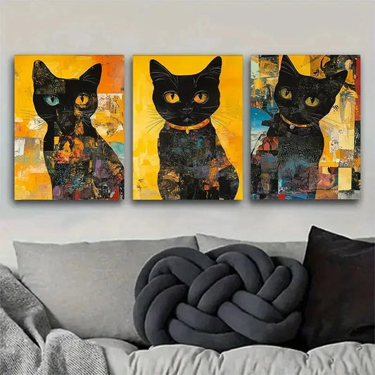 3pcs Artistic Abstract Black Cat Portrait Metal Print Ready to Hang Art
