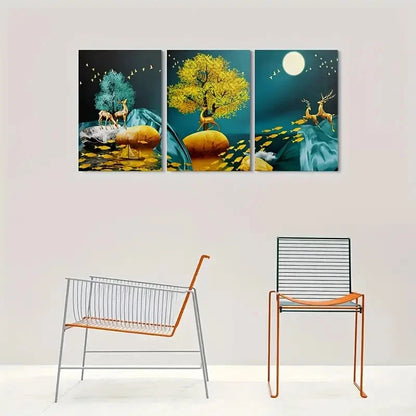 3pcs Golden Blue Deer and Tree Wall Art Set Canvas Framed 40x60cm - High Quality Print 100% Australian Made Wall Canvas Ready to Hang