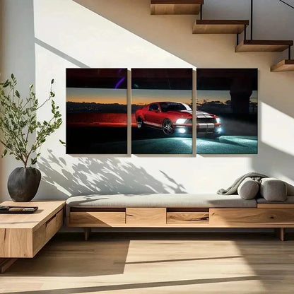3pcs Sunset Red Ford Sport Car Modern Wall Art Set Canvas Framed 40x60cm - High Quality Print 100% Australian Made Wall Canvas Ready to Hang