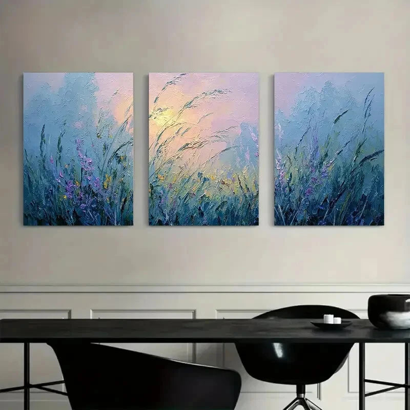 3pcs Tall Grass and Wildflowers in Soft Dappled Metal Print Ready to Hang Art