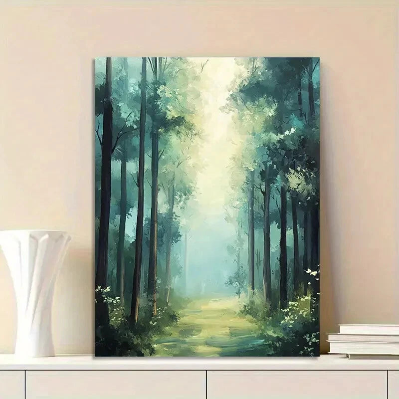 Misty Forest Painting of Tall Trees Forest 40x60cm Metal Print Ready to Hang