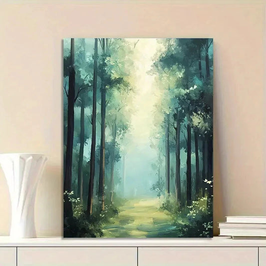 Misty Forest Painting of Tall Trees Forest 40x60cm Metal Print Ready to Hang
