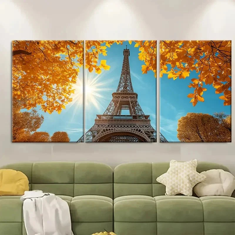 3pcs Autumn Morning with Yellow Leaves Paris Metal Print Ready to Hang Art