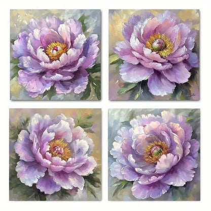 4pcs Vibrant Purple Peonies & Green Leaves Wall Art Canvas Framed