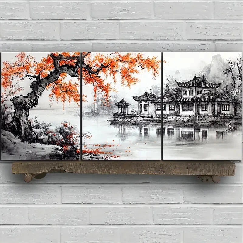 3pcs House Next to the Red Maple Leaves Series Metal Print Ready to Hang Art