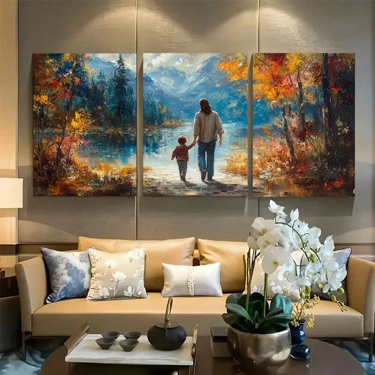 3pcs Man Holding Child Peaceful Walk Metal Print Ready to Hang Art