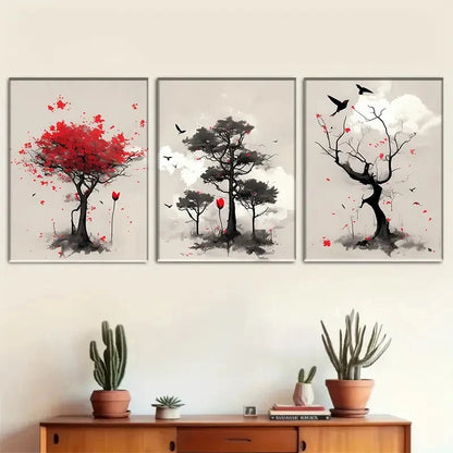 3pcs Vibrant Asian Red Ink Tree Landscape Metal Print Ready to Hang Art