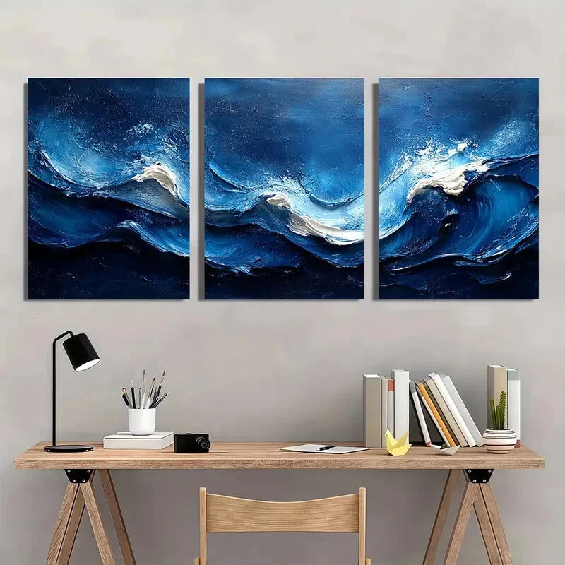 3pcs Dark Blue & White Textured Ocean Waves Design Metal Print Ready to Hang Art