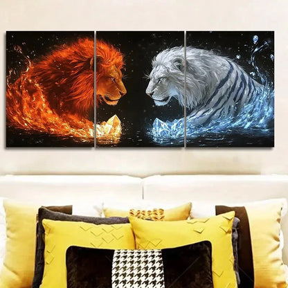 3pcs Lion Faces Stunning Golden White Metal Print Ready to Hang Art