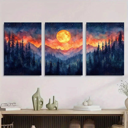 3pcs Starry Night Forest Nature Metal Print Ready to Hang Art