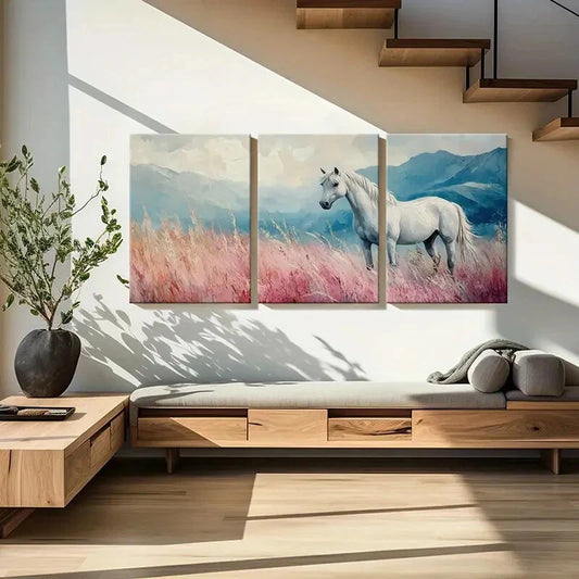 3pcs White Horse In Field Mountain Landscape Metal Print Ready to Hang Art