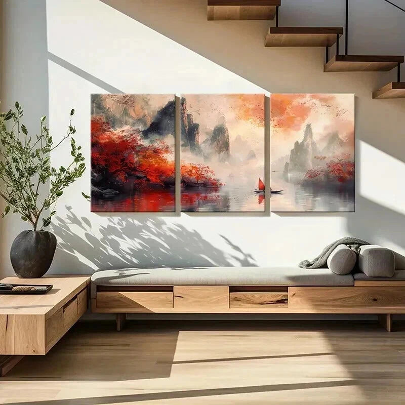 3pcs Retro Traditional Chinese Landscape Wall Art Set Canvas Framed 40x60cm - High Quality Print 100% Australian Made Wall Canvas Ready to Hang