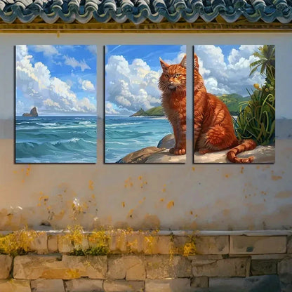 3pcs Charming Orange Cat by the Tranquil Sea Shore Metal Print Ready to Hang Art