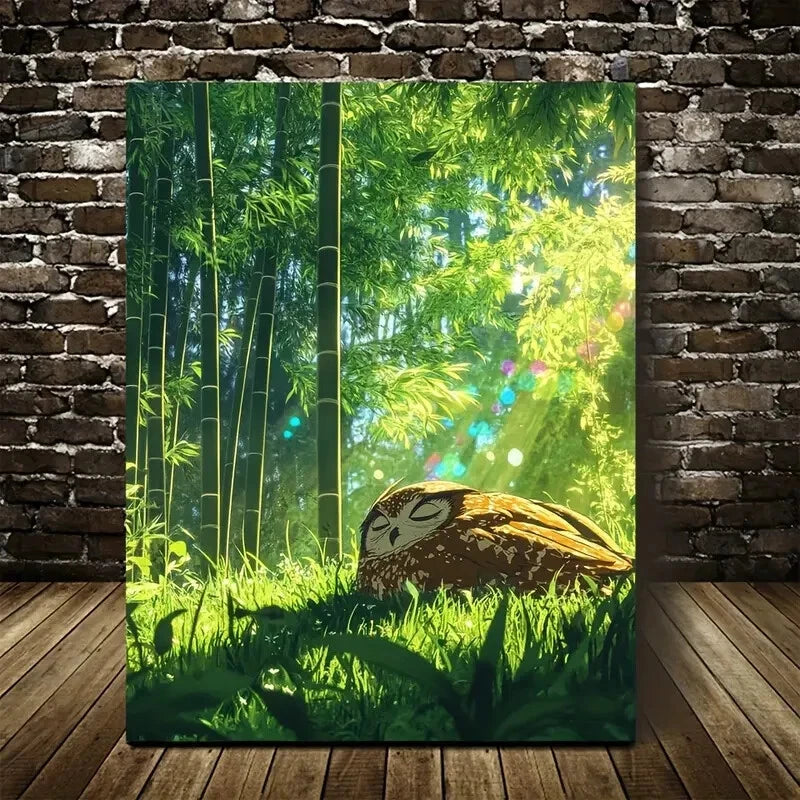 Cartoon Owl in Bamboo Grove with Rainbow 40x60cm Metal Print Ready to Hang