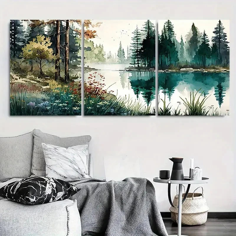 3pcs Tranquil Nature Scene with Pine Trees Metal Print Ready to Hang Art