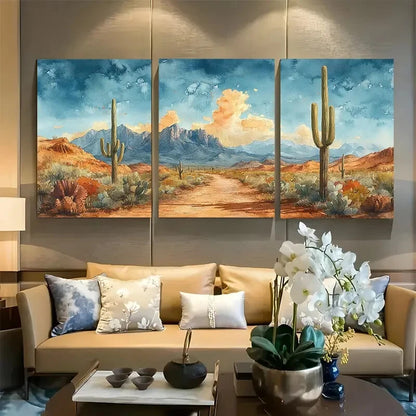 3pcs Arizona Desert Path with Cacti & Mountains Metal Print Ready to Hang Art
