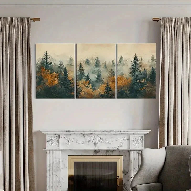 3pcs Misty Forest Silhouettes Autumn Colors Metal Print Ready to Hang Art